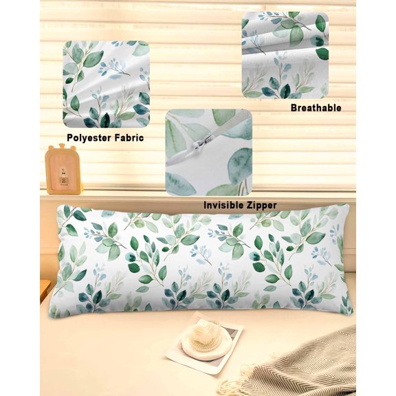 Eucalyptus Leaves Throw Pillow Covers, Spring Botanical Pastoral Green Soft Breathable Pillow Cases with Invisible Zipper for Sleeping, Long Body Pillowcases for Couch Bed Sofa Chair 20x60 Inches