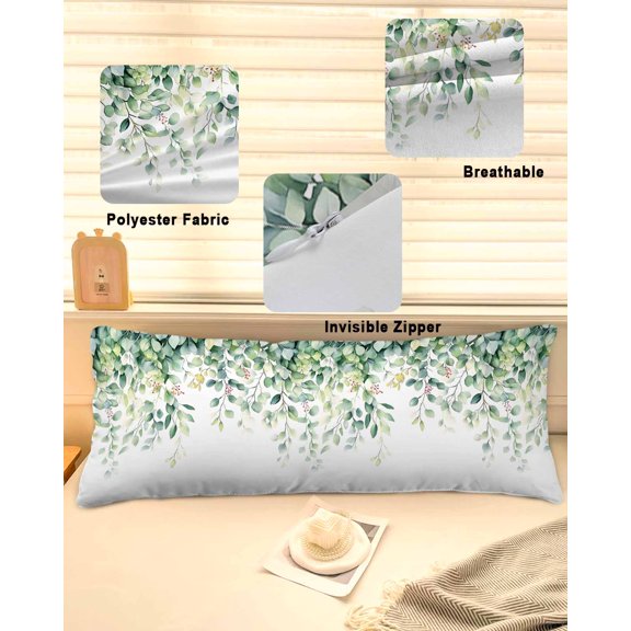 Eucalyptus Leaves Throw Pillow Covers, Summer Botanical Spring Green Soft Breathable Pillow Cases with Invisible Zipper for Sleeping, Long Body Pillowcases for Couch Bed Sofa Chair 20x60 Inches