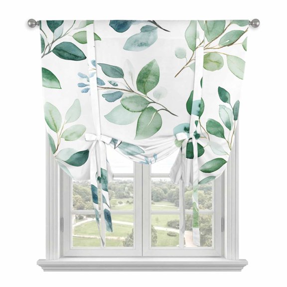 Eucalyptus Leaves Tie Up Curtain Valance for Window, Adjustable Rod Pocket Window Curtains Shades, Spring Botanical Pastoral Green Light Filtering Valance Drapes for Cafe Living Room Bedroom 52"x45"