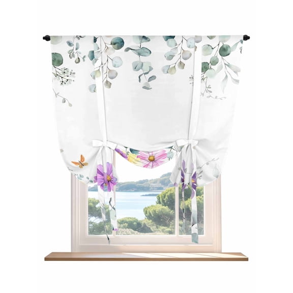 Eucalyptus Leaves Tie Up Curtains for Windows 45 Inch Length Balloon Curtains Kitchen Adjustable Balloon Window Shade Sage Green Pastoral Floral Weeping Tie Up Bathroom Curtain Window 52"x45"
