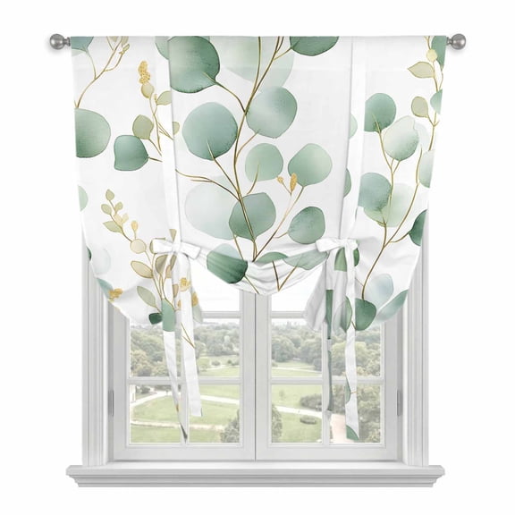 Eucalyptus Leaves Tie Up Curtains for Windows, Adjustable Rod Pocket Valance Shade, Green Gold Spring Botanical Branch Light Filtering Window Treatment for Kitchen Bedroom Living Room 34"x 45"