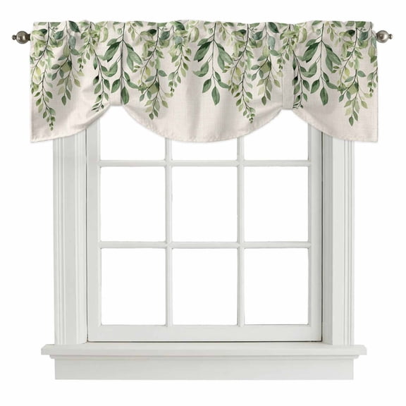 Eucalyptus Leaves Tie Up Valance Curtains for Windows, Kitchen Curtains Window Shades, Sage Green Spring Botanical Rustic Light Filtering Roman Curtain Valances for Bedroom/Bathroom/Cafe 42"x12"