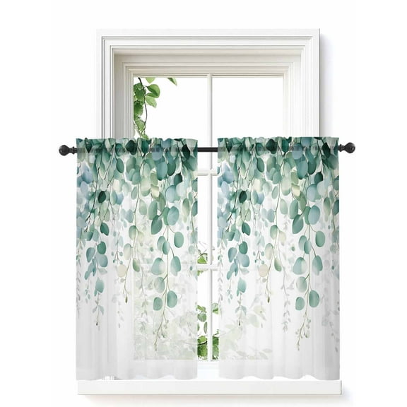 Eucalyptus Leaves Tier Curtains 45 Inch Length,Sheer Curtains for Bedroom Living Room,Green Botanical Summer Spring Leaves Rod Pocket Voile Drapes Kitchen Curtains for Small Window 27.5"x45" 2 Panels