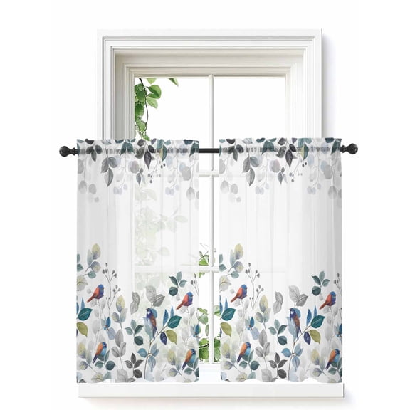 Eucalyptus Leaves Tier Curtains 45 Inch Length,Sheer Curtains for Bedroom Living Room Window Botanical Floral Plants Birds Country Small Half Window Kitchen Curtains & Drapes 27.5"x45" 2 Panels