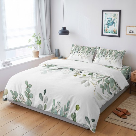 Eucalyptus Leaves on Top King Size Bed Set,Country Plants Flowers Bedding for All Seasons,4 Pcs Bed Set with 1 Quiltcover (104"x90"),1 Sheet (108"x98"),2 Pillowcases (20"x36")