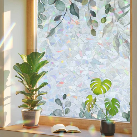 Eucalyptus Leaves on Top Window Privacy Film, Rainbow Film Decorative Window Sticker 17.7x39.3in, Country Plants Flowers Sun Blocking Static Stained Glass Cling Tint Non-Adhesive