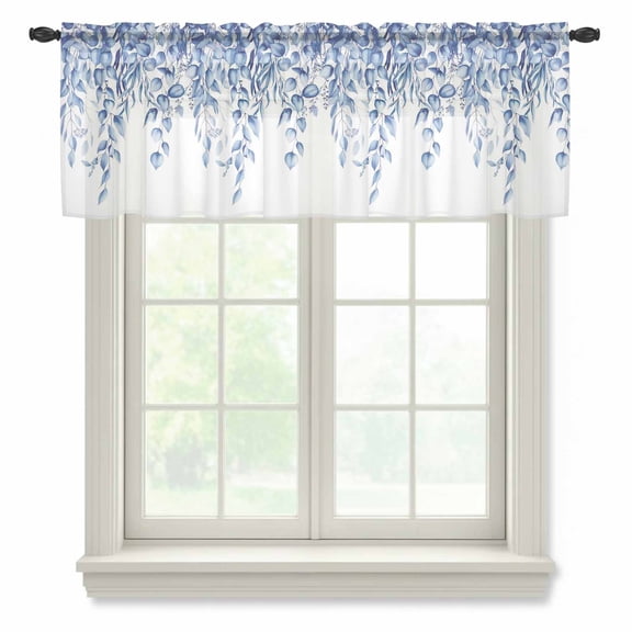 Eucalyptus Leaves Valance Curtains for Kitchen/Living Room/Bathroom/Bedroom Window, Rod Pocket Small Topper Half Short Window Curtains Voile Sheer Scarf, Navy Blue Summer Botanical Weeping 42"x12"