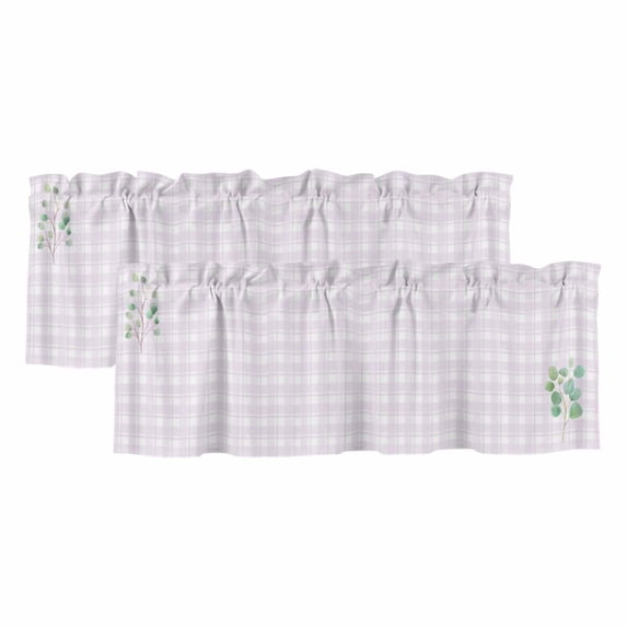 Eucalyptus Leaves Valances for Windows, Decorative Rod Pocket Window Valance Curtains, Pink Plaid Summer Botanical Short Curtain Drapes for Kitchen/Bathroom/Living Room, 2 Panels, 42" W x 18" L