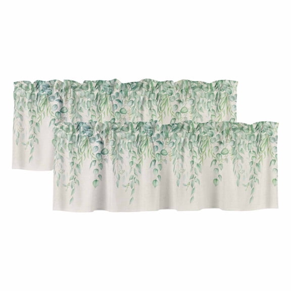 Eucalyptus Leaves Valances for Windows, Decorative Rod Pocket Window Valance Curtains, Sage Green Summer Botanical Weeping Rustic Short Curtain Drapes for Kitchen/Living Room, 2 Panels, 42" W x 12" L