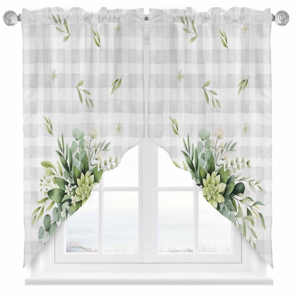 Eucalyptus Leaves Vase Swag Kitchen Curtain Valances, Green Leaf Floral Grey Plaid Rod Pocket Curtains Window Treatment Decor Valances for Bedroom Bathroom, 2 Panels 28 x 36 Inch