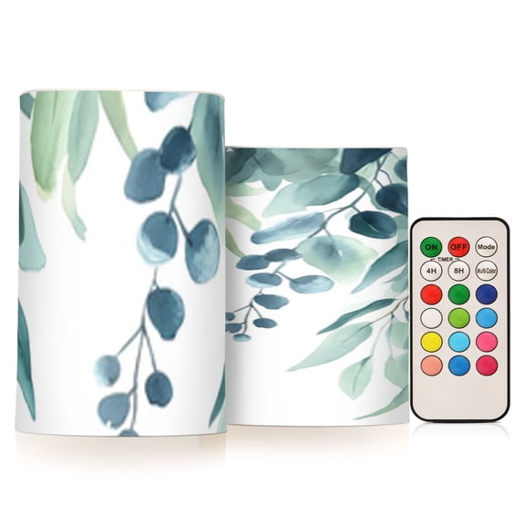 Eucalyptus Leaves Watercolor Flickering Flameless Candles Battery Operated with Remote Timer LED Pillar Candles Set of 2
