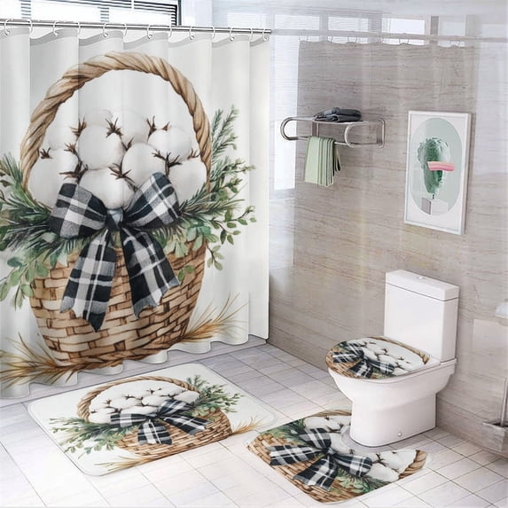 Eucalyptus Leaves Watercolor Green Leaf Floral Basket Shower Curtain Sets 4 Piece Non-Slip Rugs And Toilet Mat Lid Rug Accessories White Cotton Waterproof Shower Curtain for Bathroom Decor