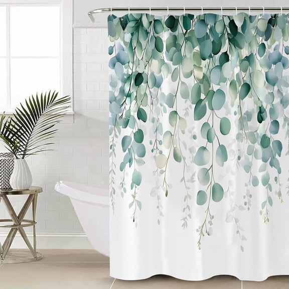 Eucalyptus Leaves Waterproof Fabric Shower Curtain, Green Botanical Summer Spring Leaves Shower Curtain for Bathroom Curtains Bathtubs Hotel Washable Shower Curtains with 12 Hooks Standard 60x72