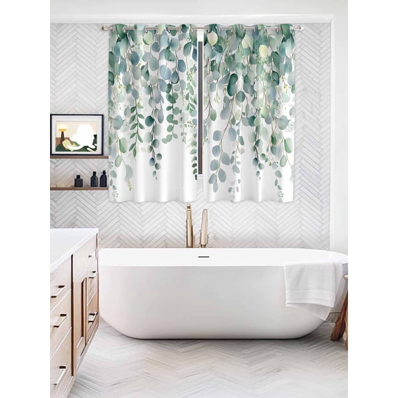 Eucalyptus Leaves Window Curtains Panels with Silver Grommet, Teal Botanical Summer Weeping Kitchen Cafe Curtain Draperies Window Treatment Set for Living Room/Bedroom/Laundry Room/Bathroom, 104x84