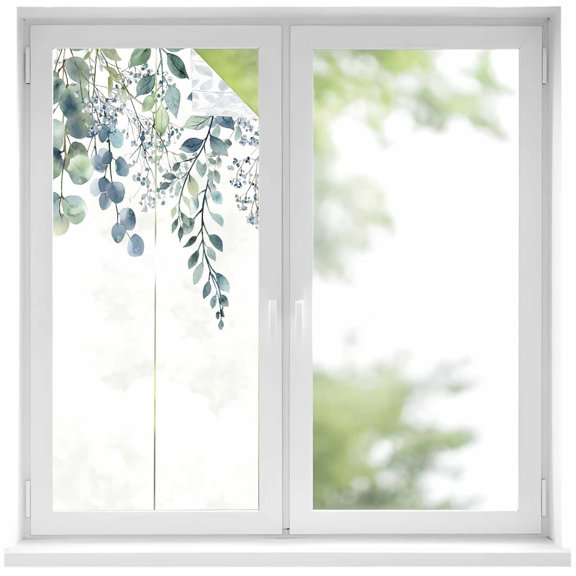 Eucalyptus Leaves Window Privacy Film Green Plants Farmhouse Decorative Glass Window Film UV Blocking Static Cling Non-Adhesive Sticker Covering for Home Door 19.6 x 39.3 inches