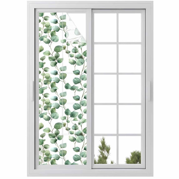 Eucalyptus Leaves Window Privacy Film Green Rustic Watercolors Plants Decorative Glass Window Film UV Blocking Static Cling Non-Adhesive Sticker Covering for Home Door 23.6 x 78.7 inches