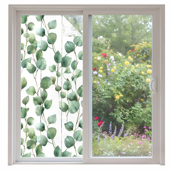 Eucalyptus Leaves Window Privacy Film Green Rustic Watercolors Plants Decorative Glass Window Film UV Blocking Static Cling Non-Adhesive Sticker Covering for Home Door 35.4x78.7 inches