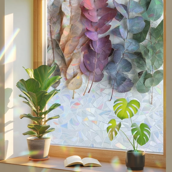 Eucalyptus Leaves Window Privacy Film Rainbow Static Cling Stain Glass Window Film for Glass Door, Decorative UV Blocking Sunroof Decal Sticker for Car 17.7"x39.3" Colorful Ombre Botanical Branches