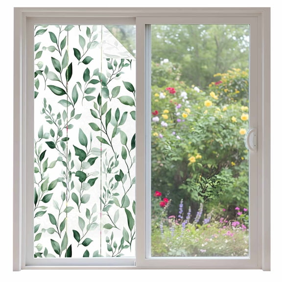 Eucalyptus Leaves Window Privacy Film Watercolor Green Plant Leaf Decorative Glass Window Film UV Blocking Static Cling Non-Adhesive Sticker Covering for Home Door 35.4x78.7 inches