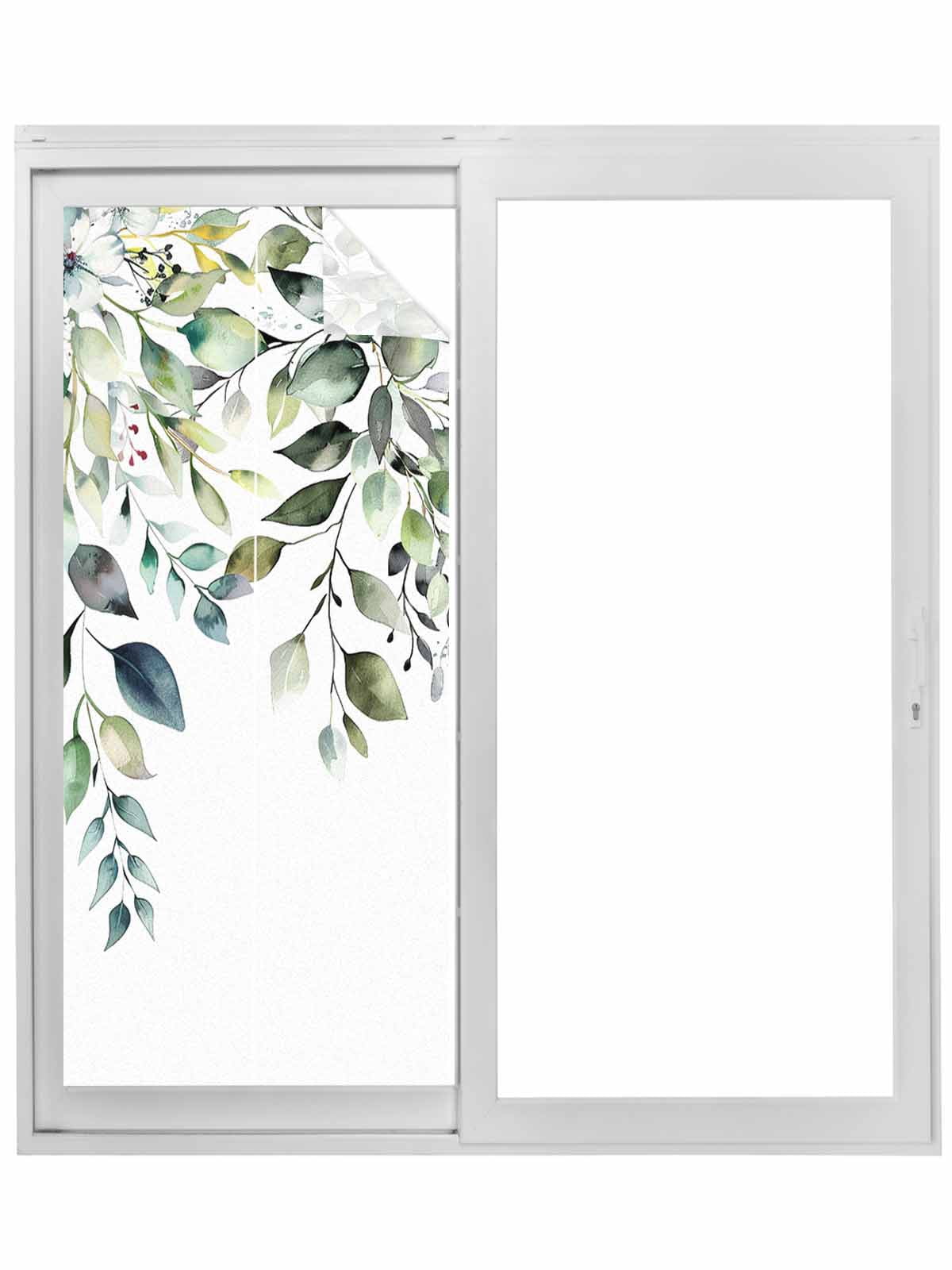 Eucalyptus Leaves Window Privacy Film, Watercolor Weeping Teal Botanical Static Cling UV Sun Blocking Tint Film Heat Control Windows Films for Bedroom Bathroom, Window Stickers 23.6"x59"