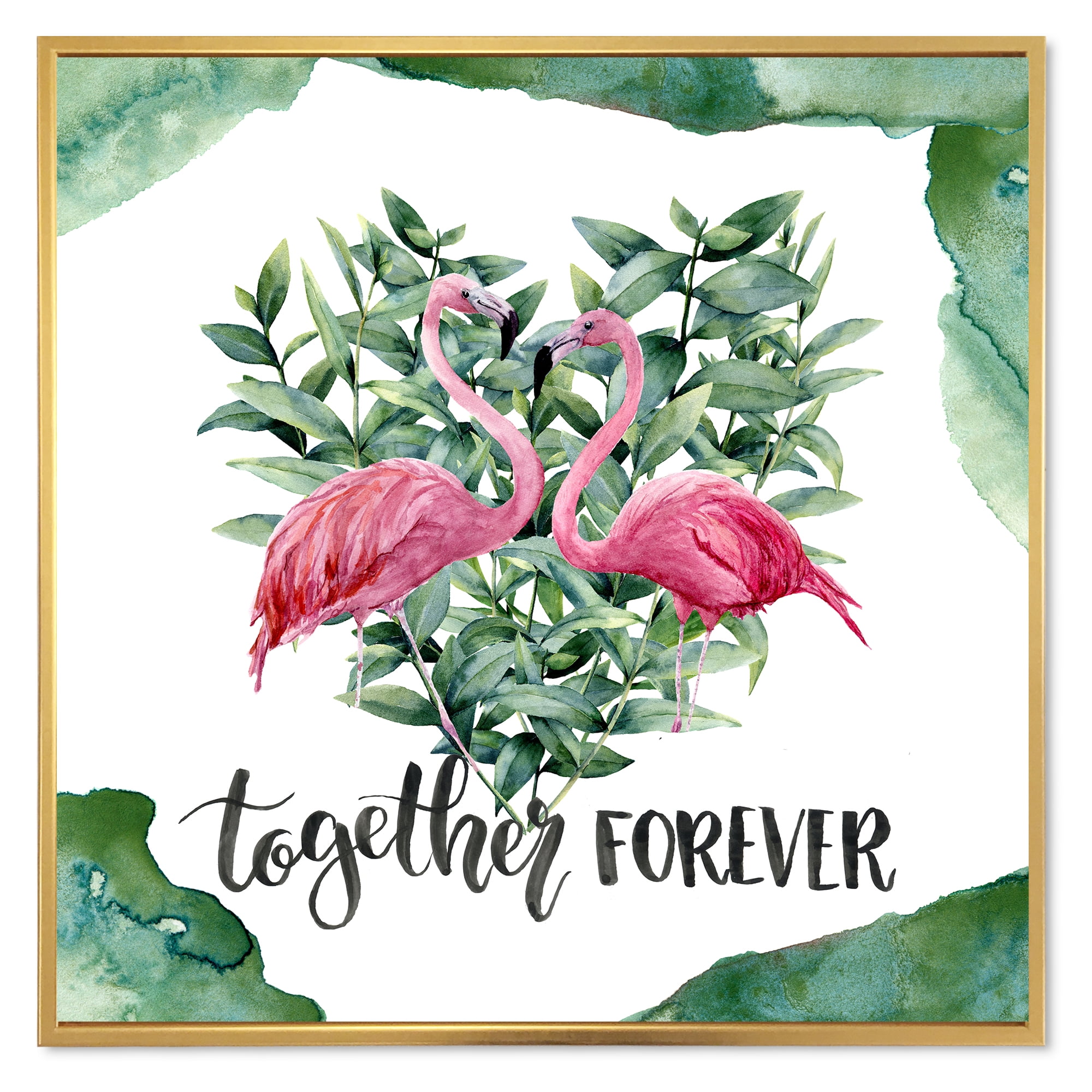 Eucalyptus Leaves With Flamingo Floral Heart 36 in x 36 in Framed Painting Canvas Art Print, by Designart
