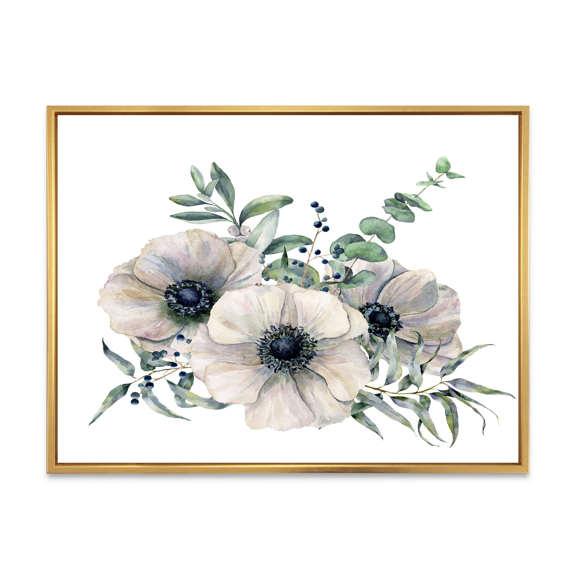 Eucalyptus Leaves With White Anemone Bouquet 20 in x 12 in Framed Painting Canvas Art Print, by Designart