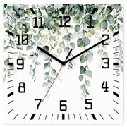 Eucalyptus Leaves Wooden Wall Clock Silent Non Ticking, Spring Farmhouse Retro Botanical Square Wall Clocks Battery Operated, Decor Clock for Home Office, Living Room, Kitchen, 10 Inch
