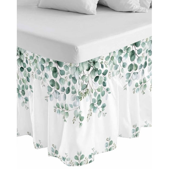 Eucalyptus Leaves Wrap Around Bed Skirts for California King Bed 16" Drop,Bed Skirt with Adjustable Elastic Belt Dust Ruffle Bed Valance for Bedroom Watercolor Sage Green Botanical Bed Frame Cover