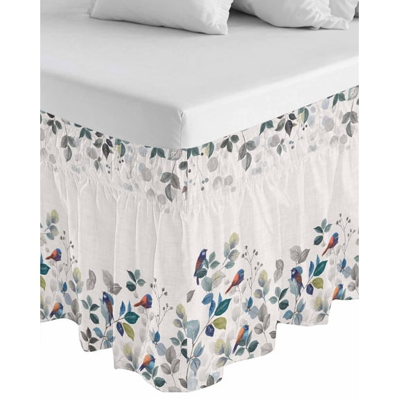 Eucalyptus Leaves Wrap Around Bed Skirts for Queen Bed 16" Drop,Bed Skirt with Adjustable Elastic Belt Dust Ruffle Bed Valance for Bedroom Hotel Retro Farmhouse Botanical Floral Birds Bed Frame Cover