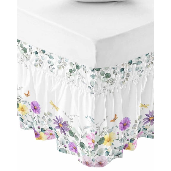 Eucalyptus Leaves Wrap Around Bed Skirts for Queen Bed 16" Drop,Bed Skirt with Adjustable Elastic Belt Dust Ruffle Bed Valance for Bedroom Hotel Sage Green Pastoral Floral Weeping Bed Frame Cover