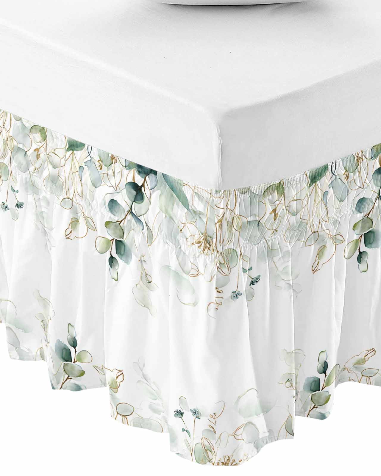 Eucalyptus Leaves Wrap Around Bed Skirts for Queen Bed 16" Drop,Bed Skirt with Adjustable Elastic Belt Dust Ruffle Bed Valance for Bedroom Hotel Watercolor Sage Green Golden Floral Bed Frame Cover