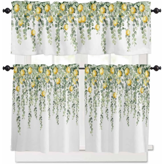 Eucalyptus Lemon Kitchen Curtains Sets for Windows 36 Inch Length, Sage Green Plant Leaf Yellow Fruit Rod Pocket Window Treatments Tier Curtains and Valances Set for Bedroom/Bathroom