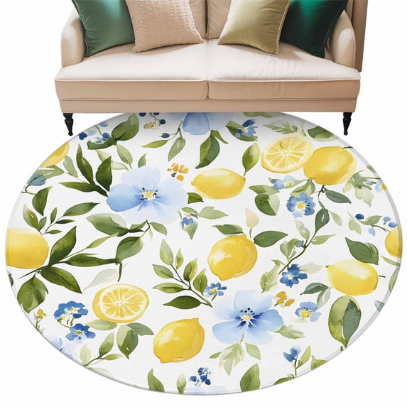 Eucalyptus Lemon Large Area Rugs for Bedroom Living Room, Soft Non Slip Carpet Bedside Rug, Sage Green Leaf Blue Flower Fruit Round Floor Cover Kitchen Accent Rug 8' for Dining Room/Office