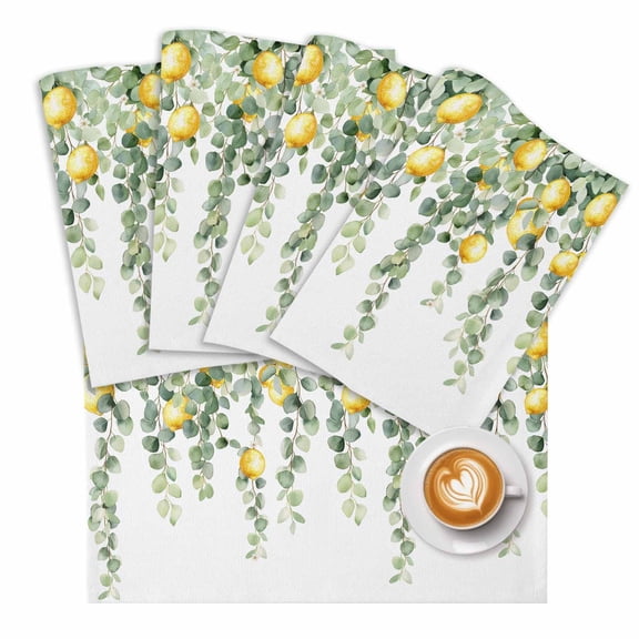 Eucalyptus Lemon Placemats for Dining Table Set of 4, Sage Green Plant Leaf Yellow Fruit Cotton Linen Cloth for Square/Rectangle/Round Table Mat Placemat, Kitchen Dinner Holiday Décor