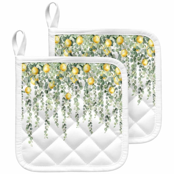 Eucalyptus Lemon Pot Holders for Kitchen Heatproof Potholder, 2 Pack Sage Green Plant Leaf Yellow Fruit Hot Pads Multipurpose Oven Pads Cloth Potholders Trivet for Cooking and Baking