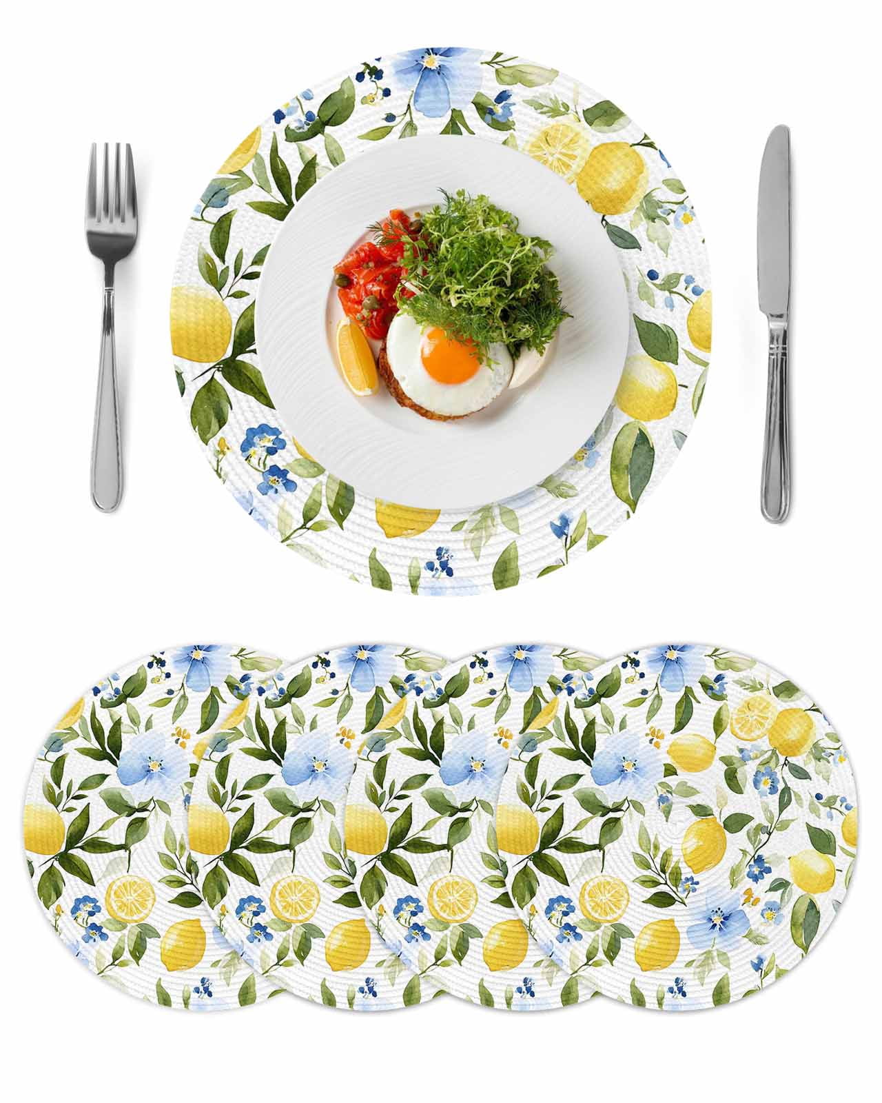 Eucalyptus Lemon Round 13 Inch Placemats Set of 4, Sage Green Leaf Blue ...