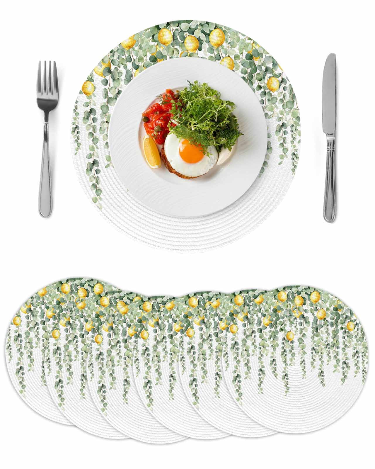 Eucalyptus Lemon Round 13 Inch Placemats Set of 6, Sage Green Plant ...