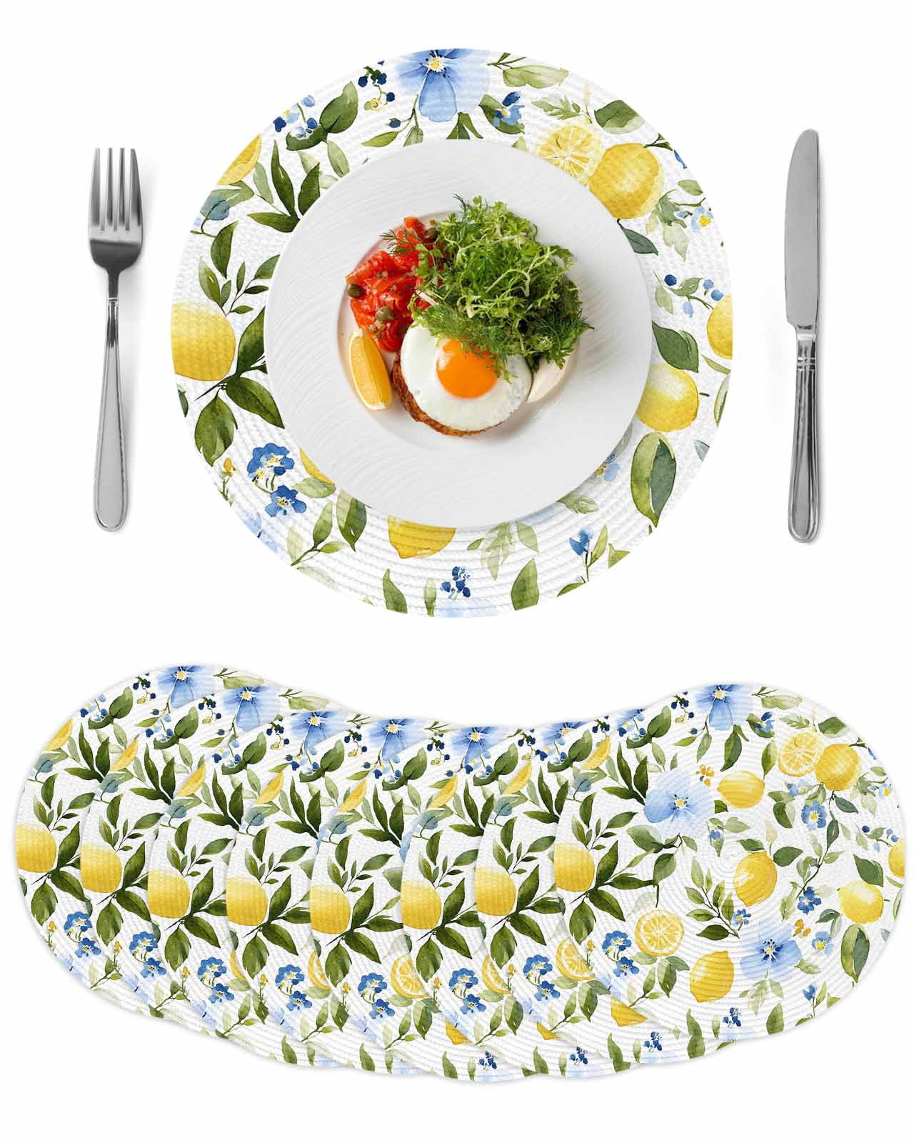 Eucalyptus Lemon Round 13 Inch Placemats Set of 8, Sage Green Leaf Blue ...