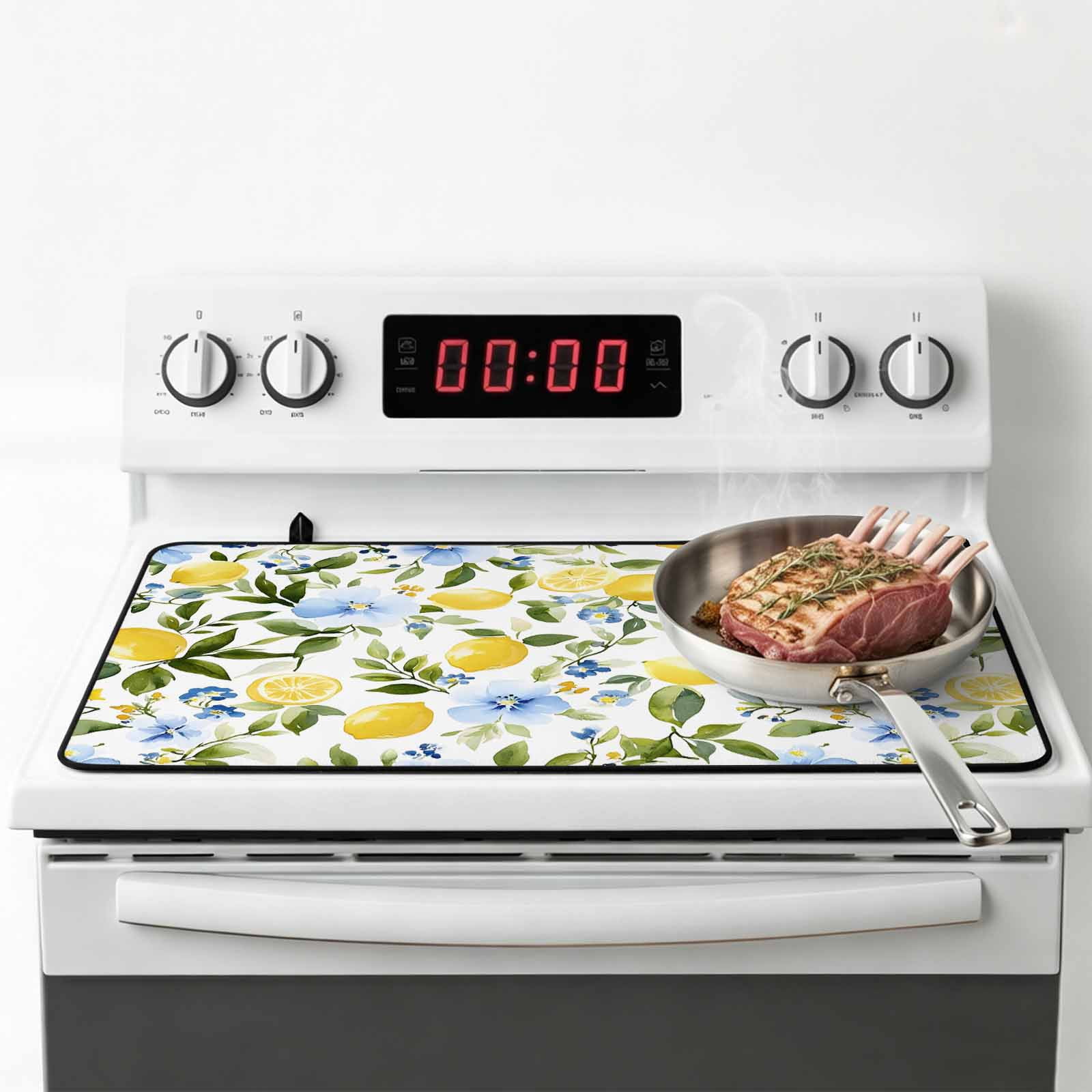 Eucalyptus Lemon Stove Top Cover for Electric Stove, Heat-proof & Non Slip Glass Top Stove Cover Protector, Sage Green Leaf Blue Flower Fruit Kitchen Flat Cooktop Rubber Mat 24x21 Inches