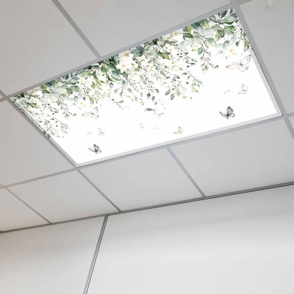 Eucalyptus Magnetic Fluorescent Light Covers for Ceiling Lights 2x4Ft, Butterfly Sage Green Leaf Farmhouse Plant Office Classroom Kitchen Drop Ceiling Light Covers Lighting Filters Shade Panel 1 Pack