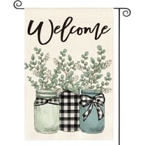 Eucalyptus Mason Jar Spring Summer Garden Flag 12x18 Inch Double Sided Outside, Buffalo Plaid Welcome Yard Outdoor Flag