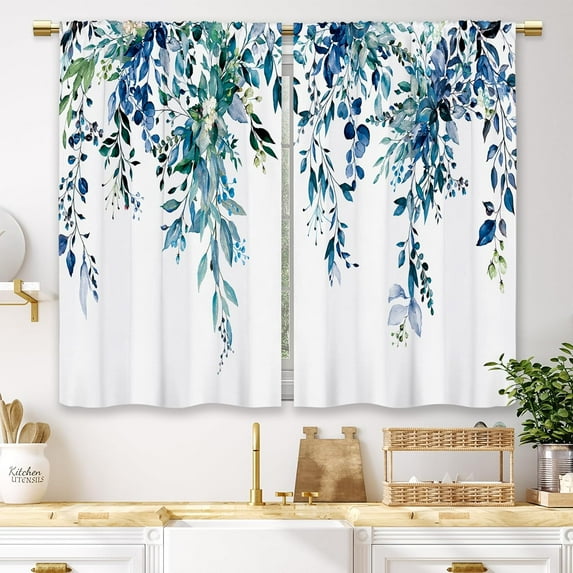 Eucalyptus Navy Blue Leaves Kitchen Curtains Turquoise Teal Botanical Floral Plant Small Short Cafe Window Curtains Flower Herb Bathroom Drapes Treatment Tier Curtains 2 Panels (26x24 Inch)