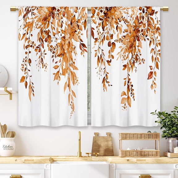 Eucalyptus Orange Leaves Kitchen Curtains Botanical Floral Plant Small Short Cafe Window Curtains Rustic Flower Herb Fall Bathroom Drapes Treatment Tier Curtains 2 Panels (27.5x39 Inch)