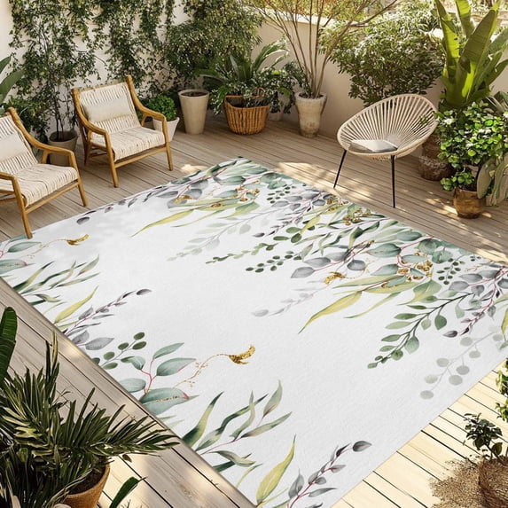 Eucalyptus Outdoor Rug for Patio/Deck/Porch, Non-Slip Large Area Rug 5 x 8 Ft, Sage Green Botanical Weeping Leaf Indoor Outdoor Rugs Washable Area Rugs, Reversible Camping Rug Carpet Runner