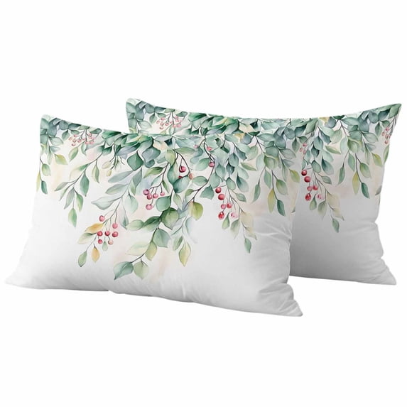 Eucalyptus Outdoor Waterproof Pillow Covers, Retro Green Spring Botanical Leaf Red Fruit Decorative Rectangle Throw Pillowcase Sofa Cushion Sham for Patio/Couch/Chair, 20"x12" 2 Pack