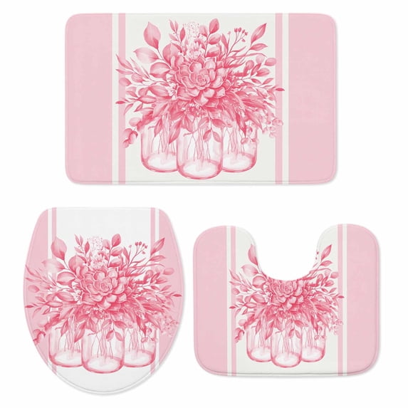 Eucalyptus Pink Bath Mat 3 Piece Bathroom Rug Set, Stripes Bottle Flower Cactus Plant Non Slip Bath Rug Contour Mat and Toilet Lid Cover, Absorbent Shower Mats Soft Bath Rugs and Mats Sets