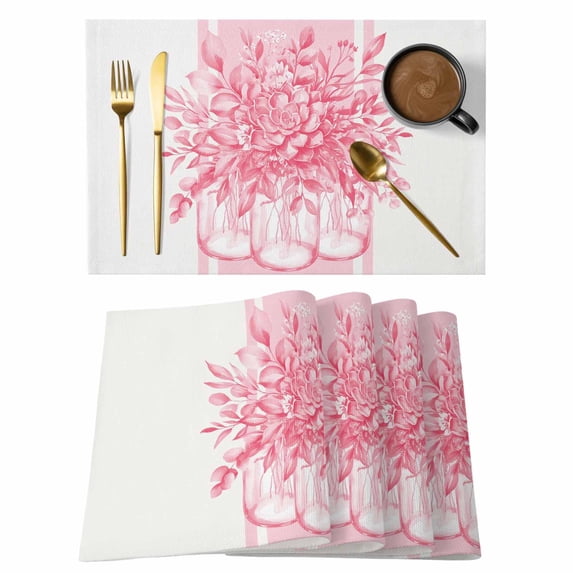 Eucalyptus Pink Placemats Set of 6, Vintage Bottle Succulents Flower Stripes Placemats for Dining Table, Place Mats for Kitchen Tabletop, Waterproof Wipeable Dining Table Mats Set