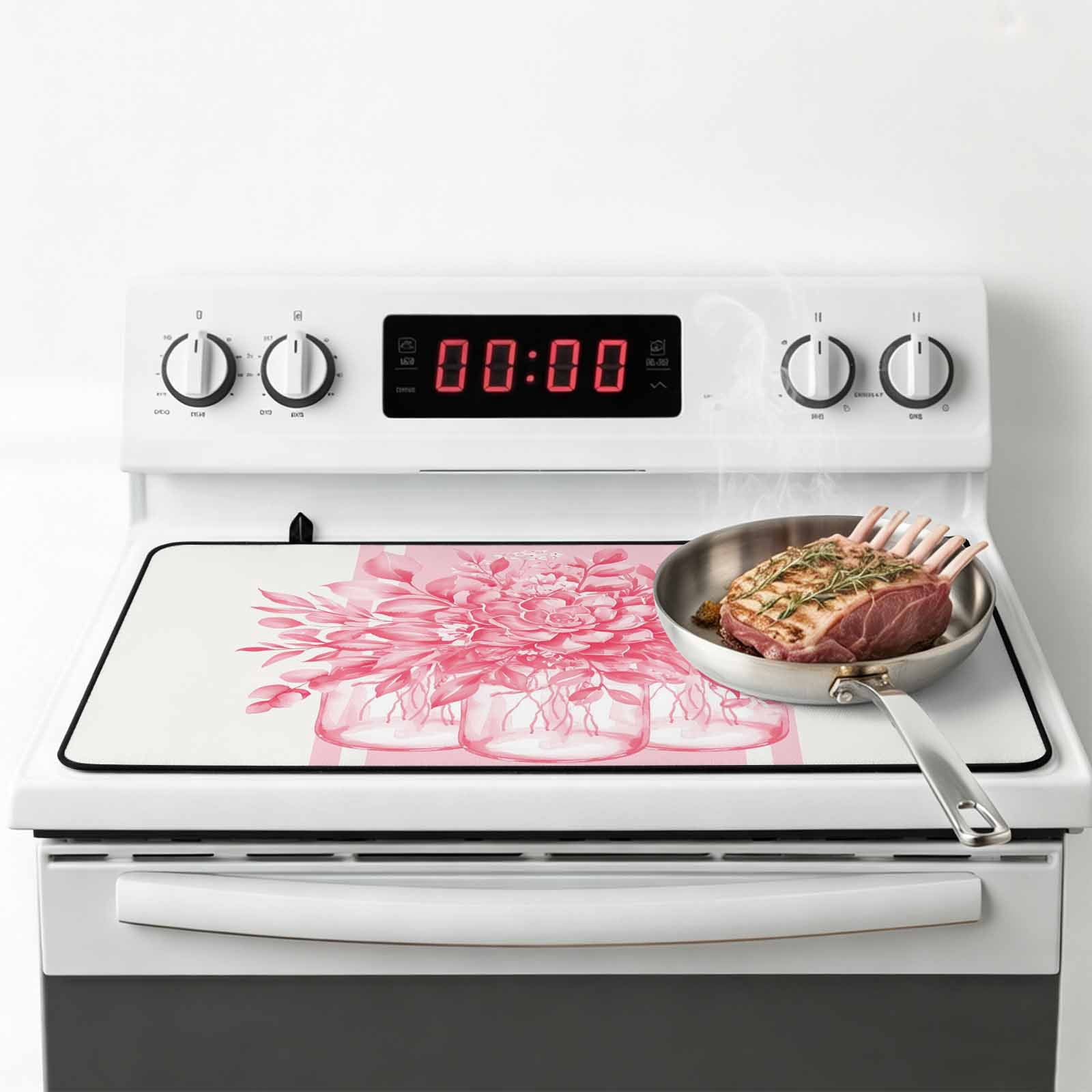 Eucalyptus Pink Stove Top Cover for Electric Stove, Heat-proof & Non Slip Glass Top Stove Cover Protector, Vintage Bottle Succulents Flower Stripes Kitchen Flat Cooktop Rubber Mat 24x21 Inches