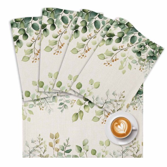 Eucalyptus Placemats for Dining Table Set of 4, Rustic Chic Greenery Plant Round Weeping Leaf Cotton Linen Cloth for Square/Rectangle/Round Table Mat Placemat, Kitchen Dinner Holiday Décor