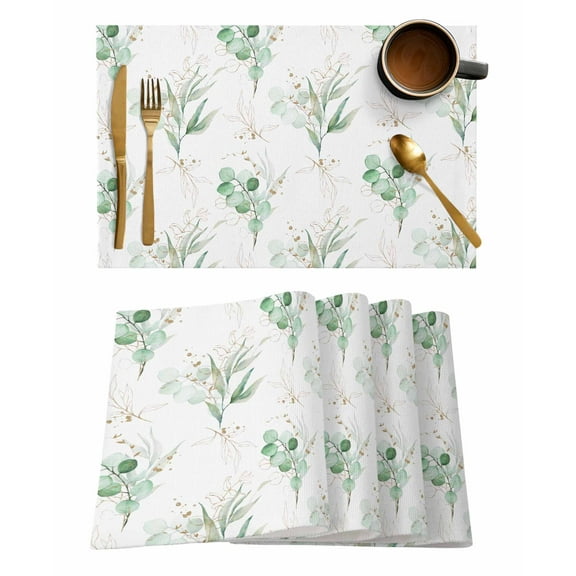 Eucalyptus Placemats Set of 4, Sage Green Leaves Gold White Country Plant Placemats for Dining Table, Place Mats for Kitchen Tabletop, Waterproof Wipeable Dining Table Mats Set